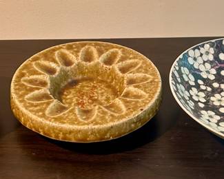 German "Barrel" porcelain, Salt glazed dish, and a Japanese vintage dish