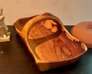 Statue figure of wrestlers, Wooden piece from St. Paul MN, and Ceramic Boston Warehouse (Made in Italy)