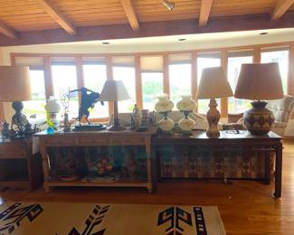  bronze statues, console table, end table, vintage lamps, southwestern lamps