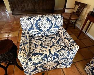 Club chair and sofa. down filled blue and white Batik fabric. Beach house??