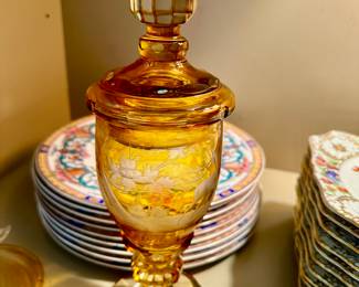 Bohemian  amber cut to clear decanter   