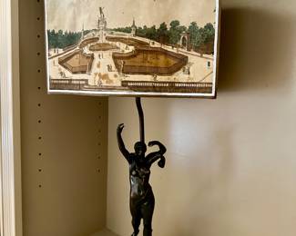 French scene lampshade and figural base