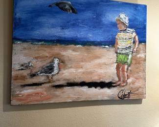 Beach boy signed Coletti. Large oil on canvas, charming!