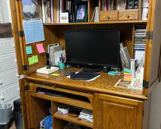 Honey Oak Computer Hutch with Filing Cabinet, Top Storage, Keyboard Drawer and bottom shelves
