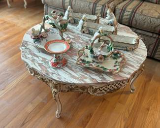 Beautiful French Baker marble top table, Fitz and Floyd Decor
