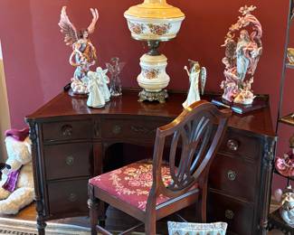 Mahogany desk, needle point chair 