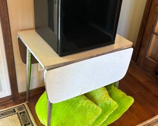 Vintage chrome table, mini fridge 