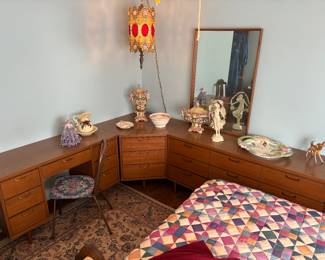 Beautiful mid Century three-piece dresser set with mirror, hanging light