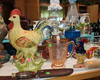 Pink Depression Glass Pitcher - Vaseline Glass Juicer - Knives - 2 Oil Lamps