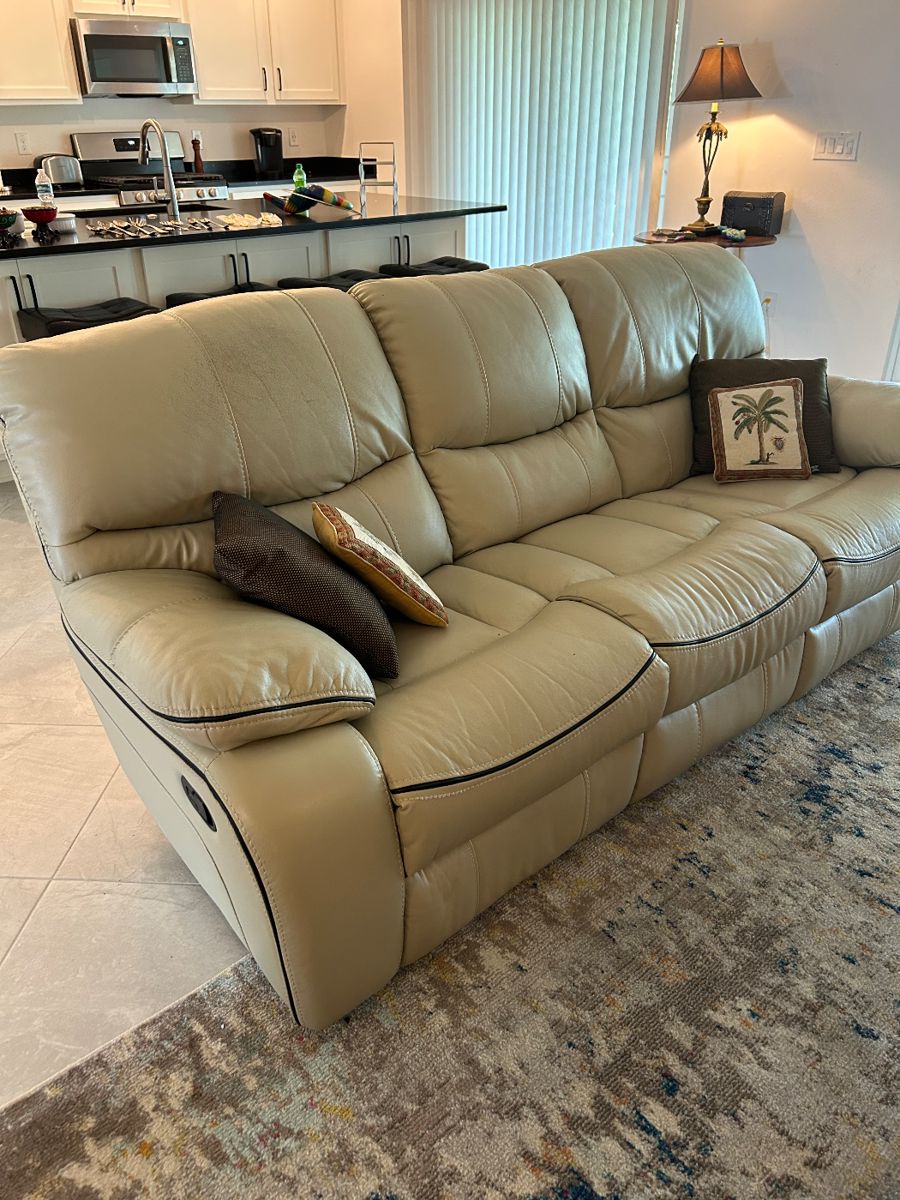 Neutral Sand Color Reclining Sofa, Manual  - Sleek and Comfortable