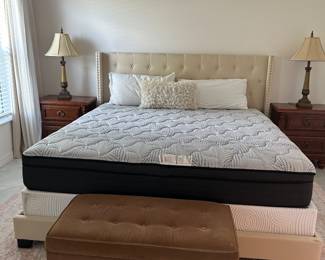 King Size Platform Bed by Sherwood Southeast                             Upholstered Headboard, Button Back & Nail Head Trim Natural Linen Color