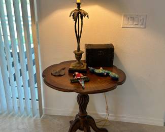 Pedestal Table, Palm Tree Brass Lamp