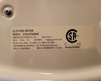 Samsung model.dvg45t6000w 7.5 cu. ft. gas dryer with sensor dry in white...new over $900.....OUR PRICE $300