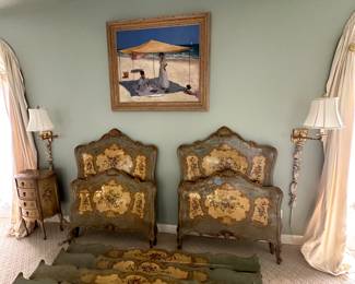 Pain 19th Century Venetian painted Bombe Twin Beds