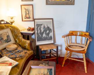 Pictured, Asian temple rubbing and Native American works of art.