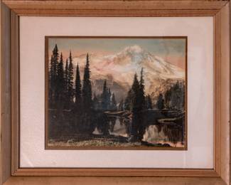 Vintage, hand-colored photograph of Mt. Rainier attributed Canadian/American photograph Norman Stewart Edson (1879 - 1968) .  Edson was active/lived in Washington / Canada. Norman Edson is known for scenic Northwest photographs.