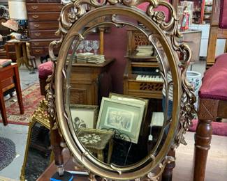 Baroque Beveled Gold Tone Mirror - wire for handing or Victorian Moding Hanger 29"X18"