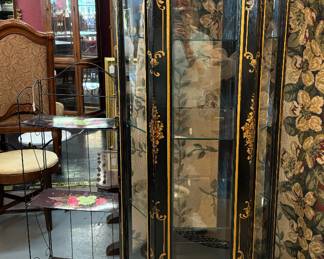 Gold Inlaid Pagoda Style Curio Cabinet - Black Laquer and Gold