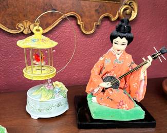 Japanese Musical bird in Cage and figurine