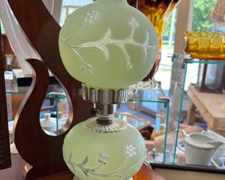Vinage Satin glass cut to clear double globe. holder frame as found