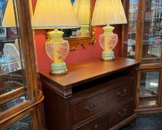 2 Celedon Opaline Lamps w Shades 1960's 29"