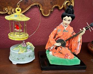 Japanese Musical Bird in  Cage and Japanese girl playing instrument