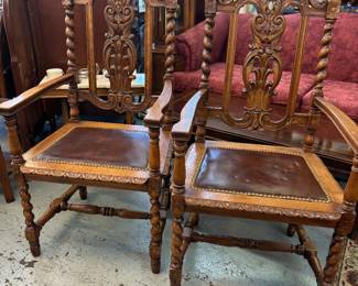 2 Jacobean Style Barley TwishtOak Chairs with Leather Nail Head Seats - beautifully restored by Steve Craddock