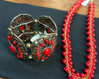 Antique Gold Tone Bracelet and Red beaded necklace