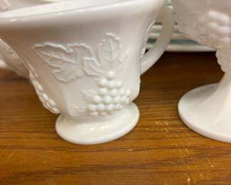 Milk Glass Set - Grape Pattern - 8 Dinner Plates, 8 Salad Plates, 8 Cups, 8 Saucers. 1 Creamer. 1 Sugar, 1 Mug.  Excellent Condition.