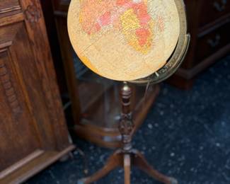 Incredible Replogle 12" Glass Library Globe with Light. 1940-50's 3 footed carved stand