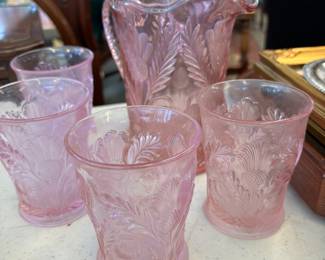 Beautiful Pink  Inverted Thistle Pattern Water Pitcher and glasses