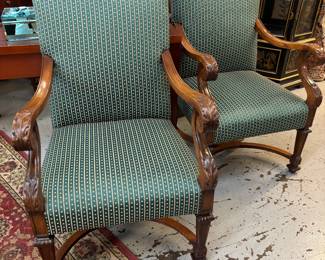 2 Heavily Carved and upholstered Arm Chairs with wood bracing - beautifully restored by Steve Craddock 1950's