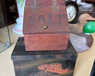 Sa;t  Box with Spoon marked Sweden, Metal Diamond Match Box
