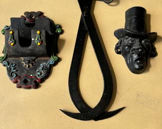 Cast Iron match holder, Ice Tong and Face with top hat