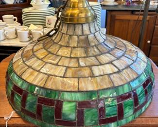 2 Beautiful Stain and Leaded Glass Pendants - work...ready to be placed in a room of honor to enjoy. Green pendant has one sm panel that needs repaired.