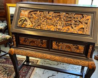 Vintage Oriental Highly Carved Drop Front Desk. 1 side end side panel needs to be secured.