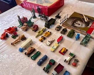 Collection of vintage small metal cars, trucks, tractors etc