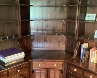 Ethan Allen three piece shelving unit.  Can be purchased separately.  Tops lift off for moving.  The end pieces measure 40” wide x 18” d x 30” w. The desk with hutch measures 78” tall. The middle piece is 4#” w x 21”  and the other end is 32” w x 18” d.  