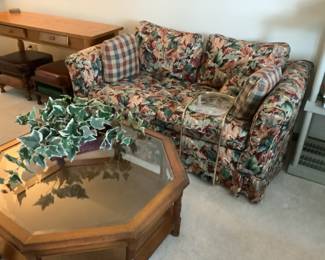 Floral loveseat and octagon coffee table