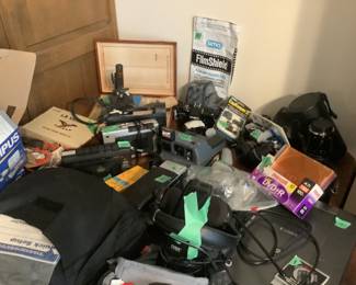 Variety of vintage cameras plus lenses and bags and accessoies