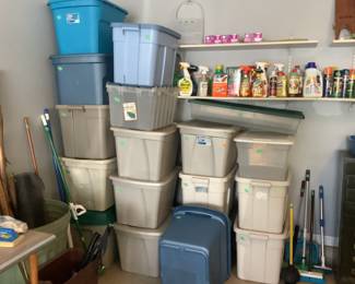Garage and household products, plastic tubs, brooms and mops