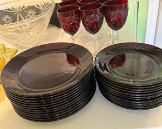 Vintage Luminarc Ruby Red Glass Dinner Plate, Set of 12 each, dinner, luncheon , and goblets Vintage Colored Glass Plate
