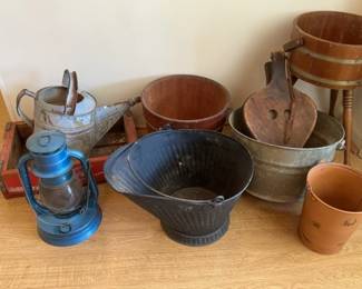 Vintage Lantern, Bellows, Buckets, and More