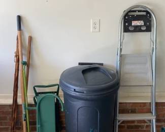 Assorted Outdoor Tool And Garage Goodies Hand Tools, Blower, Trash Can  More 