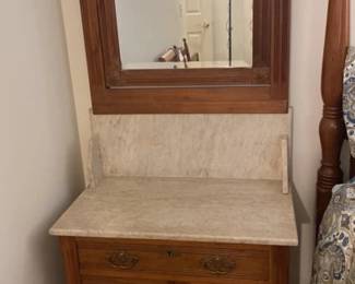 Vintage Wooden Marble Wash Basin Stand Vanity With Mirror 