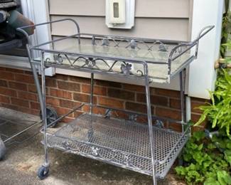 Ornate Metal Glass Top Rolling Outdoor Deco Cart Bar Cart 