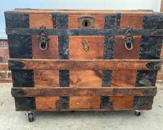  06 Antique Victorian Style Wooden Rolling Storage Chest 