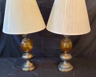Set Of Two Amber Glass Style Leviton Table Lamps 