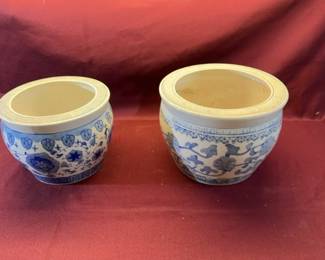 Two Blue and White Asian Style Porcelain Planters