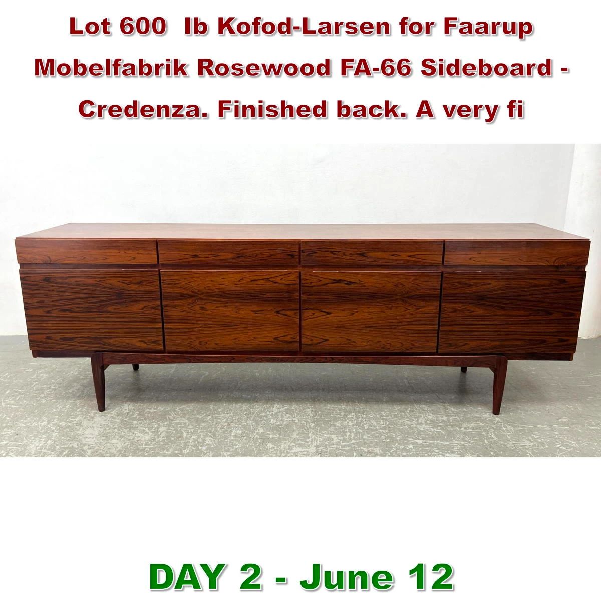 Lot 600 Ib KofodLarsen for Faarup Mobelfabrik Rosewood FA66 Sideboard  Credenza. Finished back. A very fi
